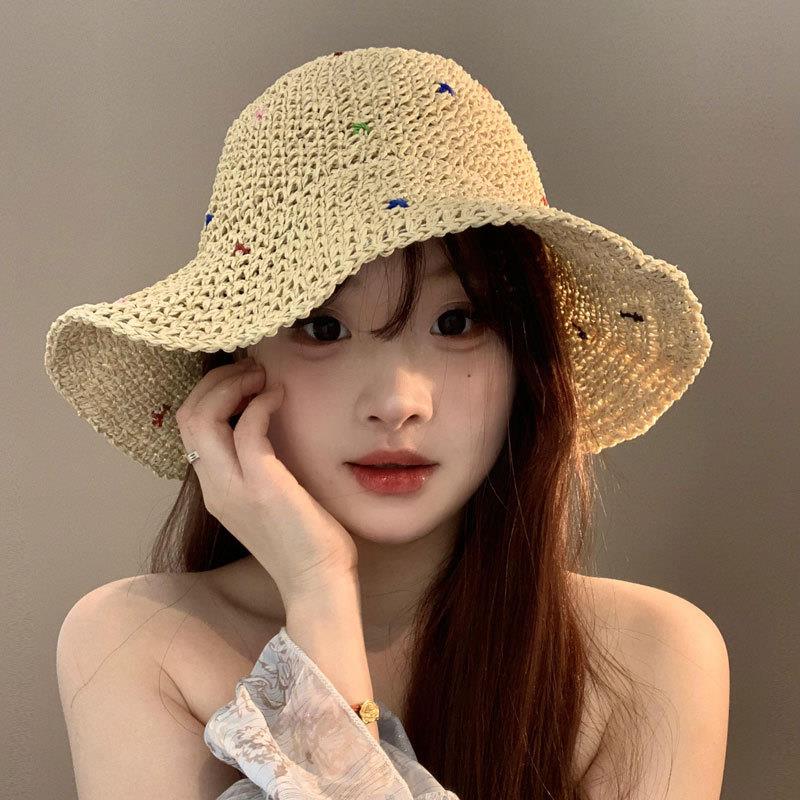 彩色编织草帽女春夏季海边沙滩防晒遮阳帽旅游大檐显脸小渔夫帽子