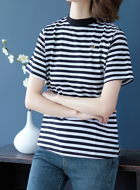 金线字母半高领条纹女t恤女insT侐2025新款短袖半袖洋气宽松简约