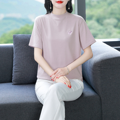 欧洲站女装2025年新款欧货纯棉小高领短袖女打底衫新款洋气浅紫