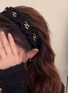 黑色花边高级感少女心高颅顶发箍春夏气质网红头饰字母C新款头箍