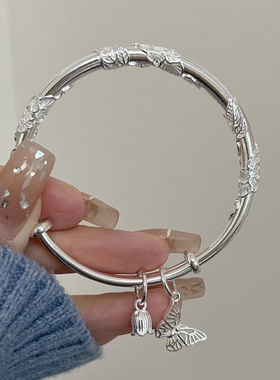 足银9999花蕊蝴蝶心推拉手镯女繁花似锦小众设计送女友送闺蜜