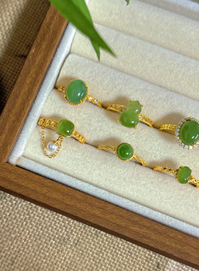 天然和田玉烟紫碧玉银镶戒指