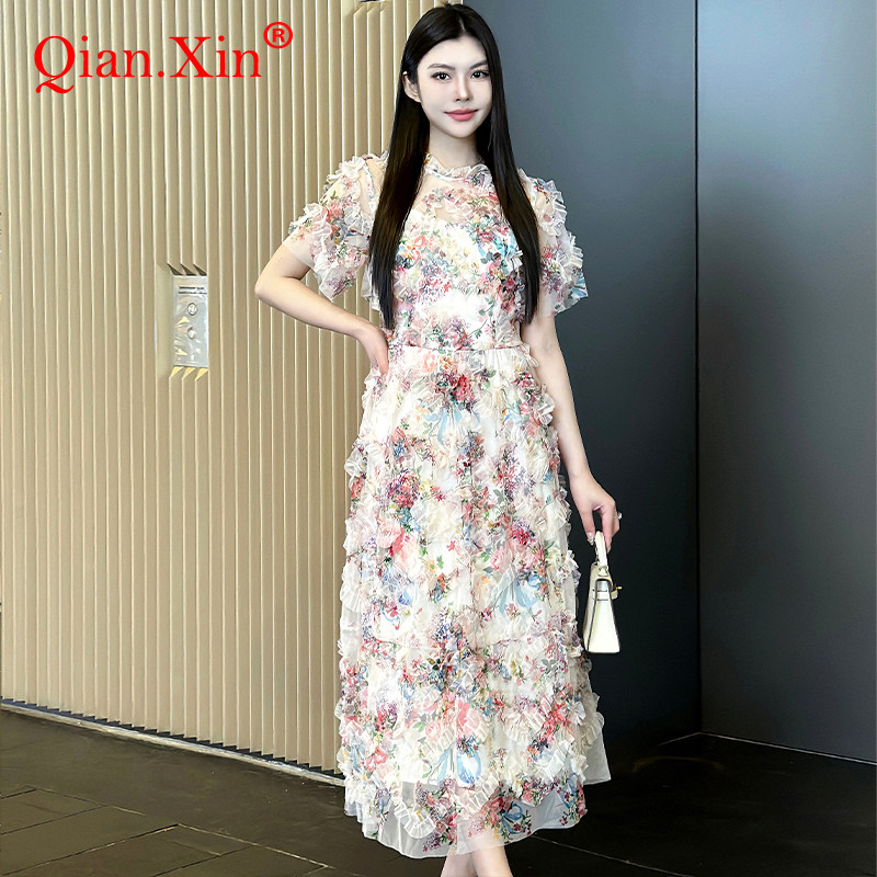 法式复古重工刺绣花朵连衣裙 透重工网纱花朵长裙 flower dress