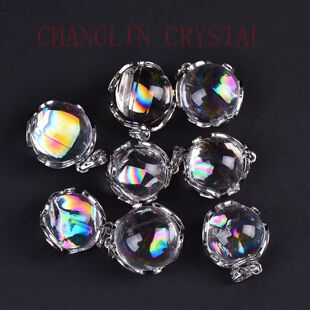 全净体爆炸彩彩虹天然白水晶球吊坠晶体通透925银包边百搭时尚