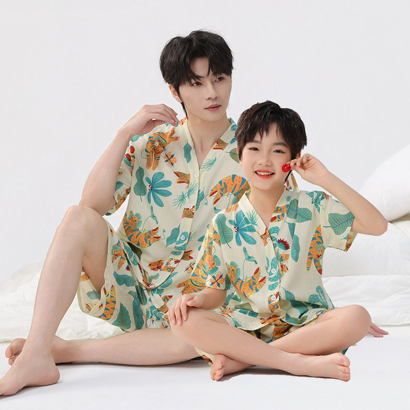 夏季绵绸母女父子亲子装睡衣套装