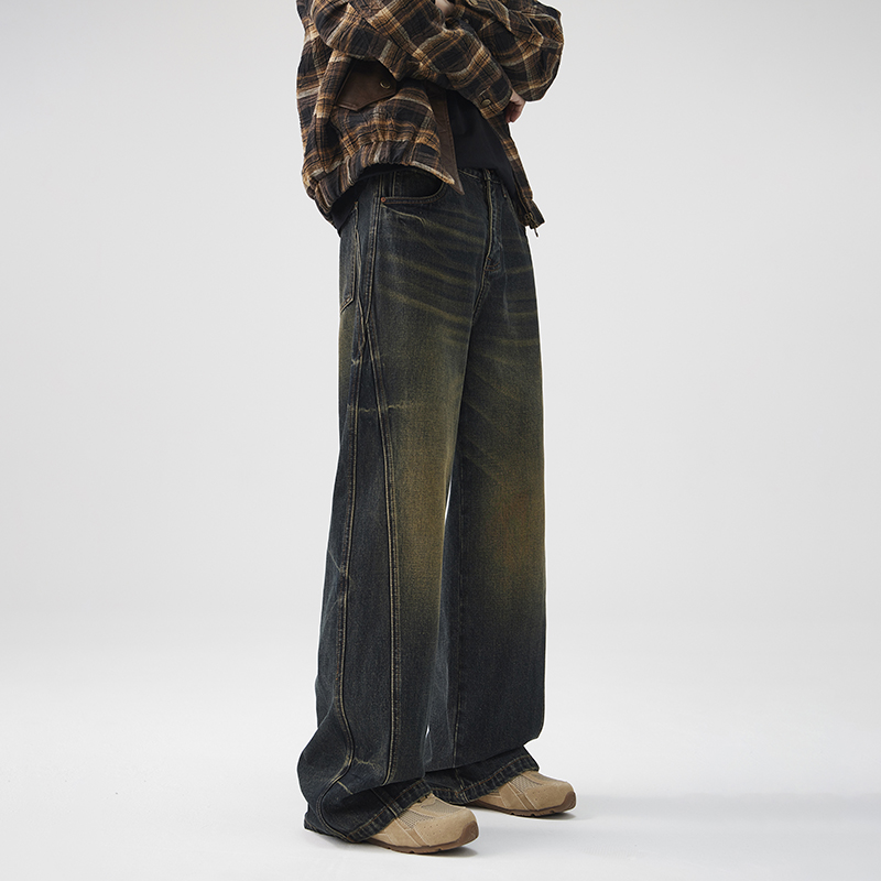 2024年秋冬美式复古复古蓝牛仔裤做旧微喇休闲阔腿百搭无弹长裤