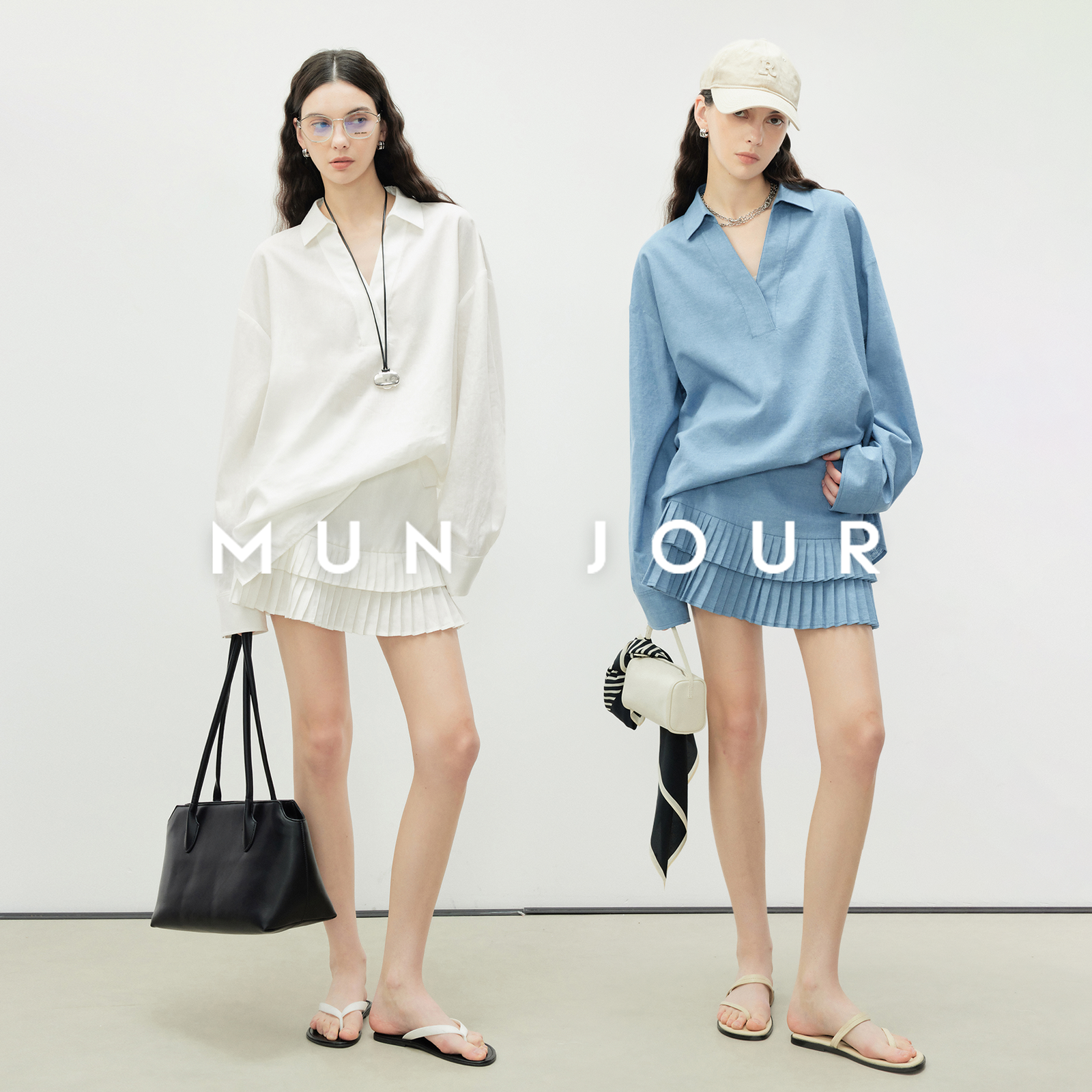 鳗MUN亚麻混纺V领廓形衬衫套装