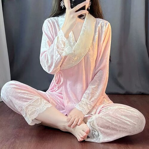 维多利亚女款新款轻奢蕾丝花边长袖睡衣休闲甜美气质家居服饰套装