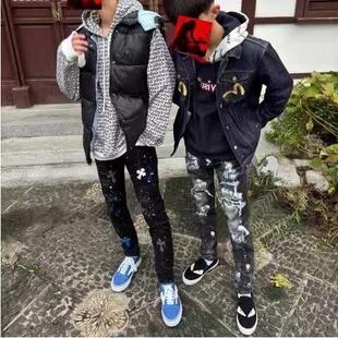 小脚长裤 2026新款 刺绣十字架修身 高街黑色刮烂破洞儿童牛仔裤 美式