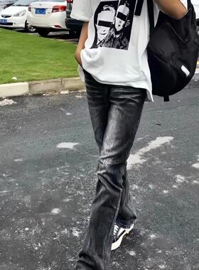 美式童装高级感做旧黑灰纹路牛仔裤男生中大童复古微喇拖地长裤子