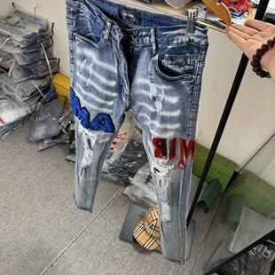 子牛仔裤 休闲潮流小脚裤 儿童 红蓝双拼破洞潮牌刺绣贴布修身 新款