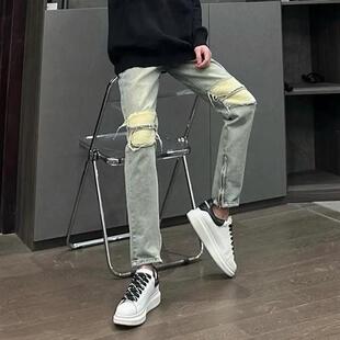 fog儿童补丁复古破洞牛仔裤子男ins潮牌网红高街直筒修身情侣长裤