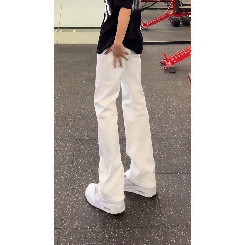 童装白色牛仔裤子男潮男美式高街vibe风直筒直筒的弯刀微喇长裤子