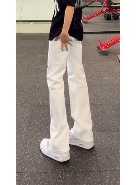 童装白色牛仔裤子男潮男美式高街vibe风直筒直筒的弯刀微喇长裤子