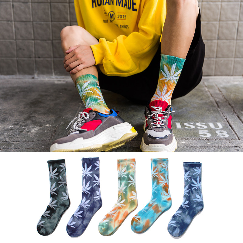 彩色扎染运动袜枫叶袜子纯棉男袜毛巾底长袜plantlife socks荧光