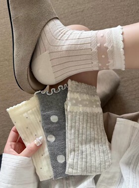 socks短款袜子女xsms春夏薄款镂空波点百搭亚麻白灰色韩女miu条纹