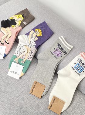 韩国产正品纯棉socks运动棒球袜子女梦露粉紫色中筒袜学生长袜子