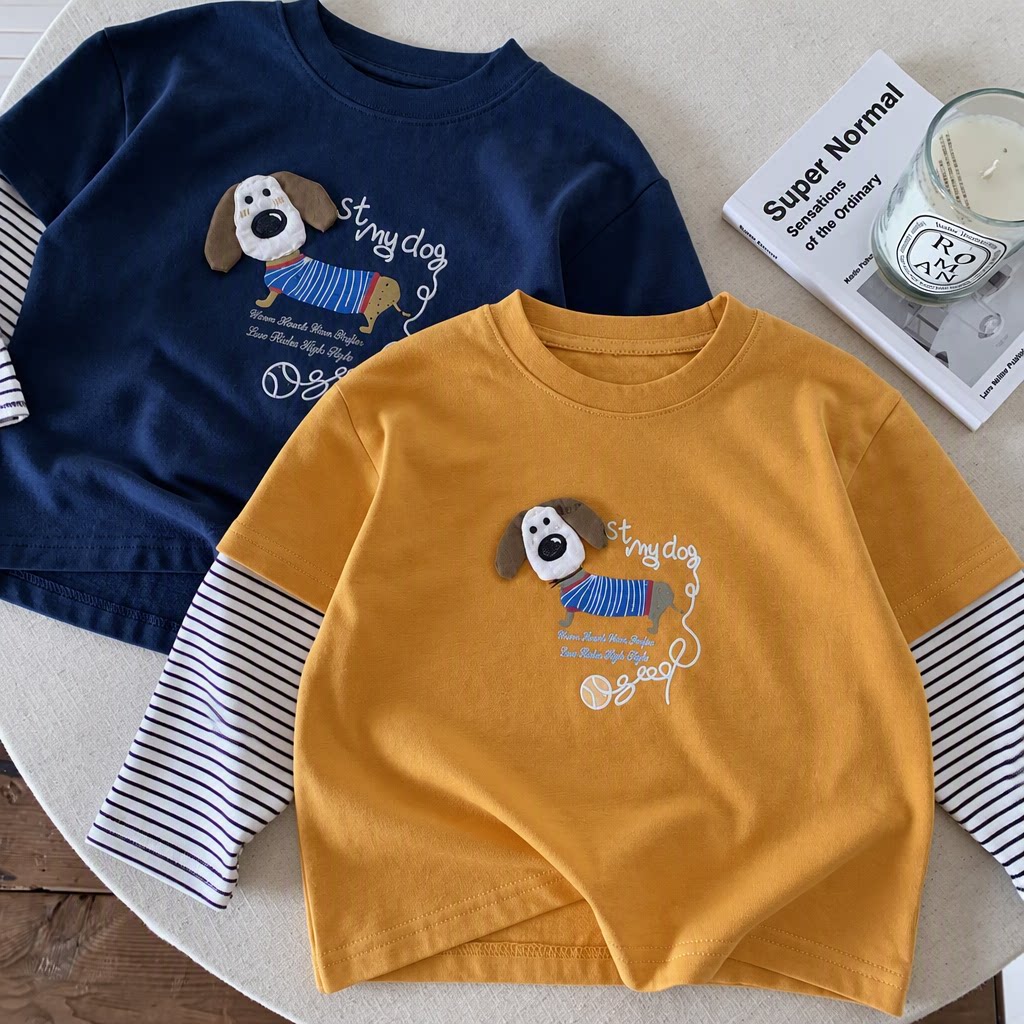 儿童长袖T恤打底衫纯棉上衣秋款假两件萌趣卡通男童女宝条纹拼接