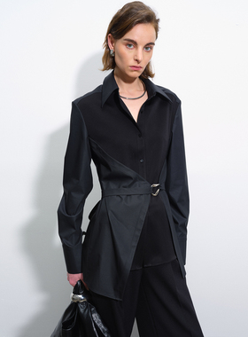 APARALLEL 2025早秋尚雯婕刘涛同款系带收腰长款拼接醋酸衬衫