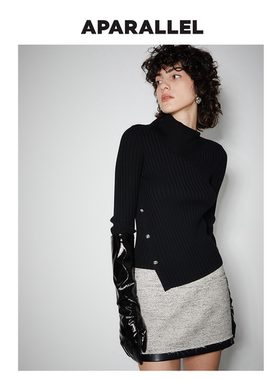 APARALLEL 大翻领金属扣斜下摆毛衣修身秋冬新款纯色纸片人上衣