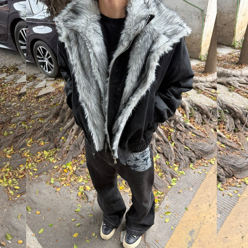 海王日记狼王座山雕双层翻毛领加绒外套男女冬季cleanfit保暖棉衣