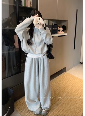 春季新款慵懒风休闲套装高腰显瘦阔腿裤设计感卫衣组合套装WM