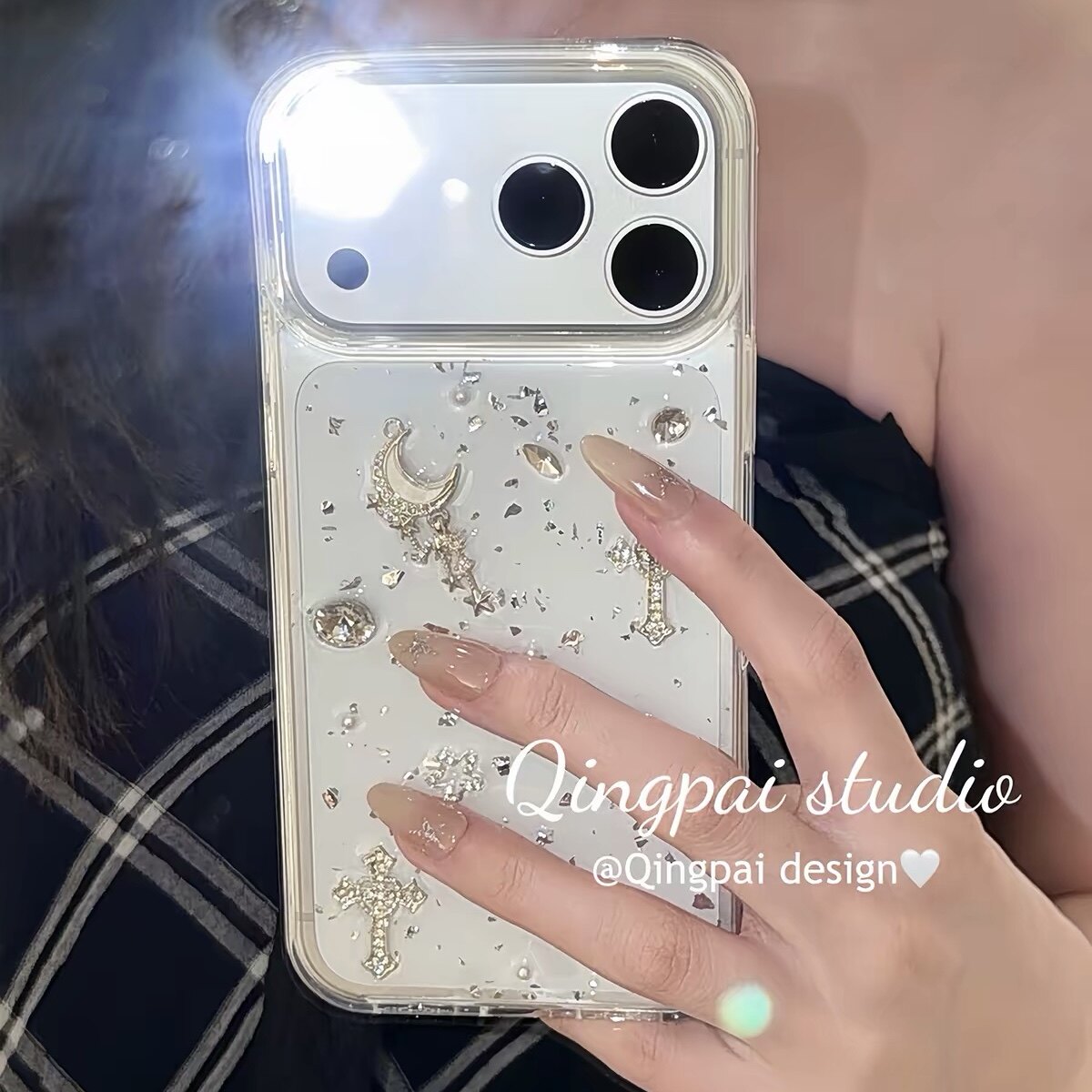 银箔水钻月亮十字架适用苹果17 16promax手机壳iPhone15 14立体13mini软壳12滴胶11全包防摔x保护套Air女17e