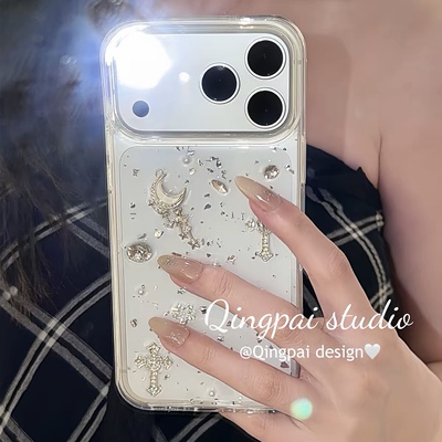 银箔水钻月亮十字架适用苹果17 16promax手机壳iPhone15 14立体13mini软壳12滴胶11全包防摔x保护套Air女17e