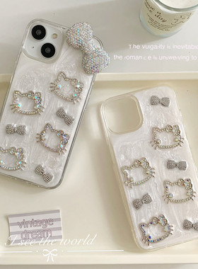 珠光闪钻Kitty猫适用苹果16 17promax立体手机壳iPhone15 14 13pro立体软壳11防摔12promax保护套Air滴胶壳xs