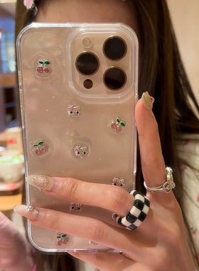 可爱水钻樱桃Kitty猫适用三星S25 S24 S23plus手机壳S22 S21fe s20+软壳note20 10ultra透明A55滴胶A53保护套