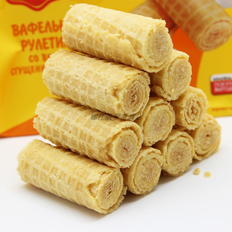 俄罗斯KDV进口炼乳味蛋卷巧克力味酥脆饼干160克/包 休闲零食