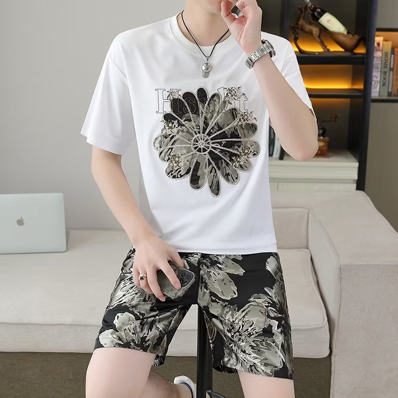 欧洲站男士刺绣短袖休闲套装夏季潮牌潮流2024新款男装短裤两件套