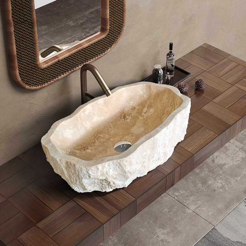 侘寂风天然洞石台上盆卫生间酒店石头洗手盆创意复古大理石洗漱盆