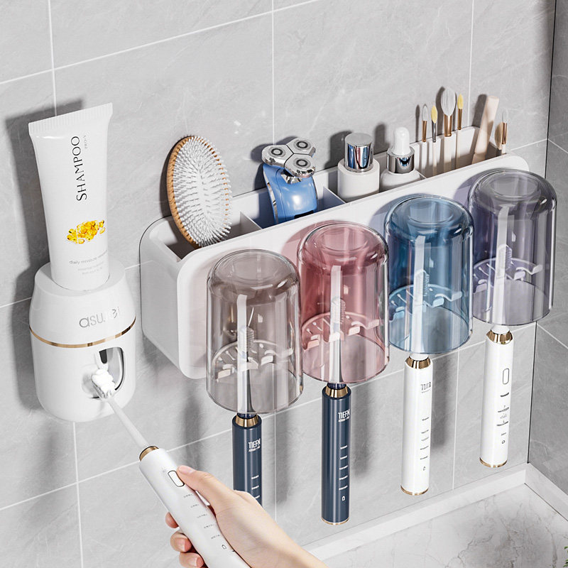 牙刷置物架子刷牙漱口杯挂墙卫生间免打孔壁挂式电动牙具牙缸套装