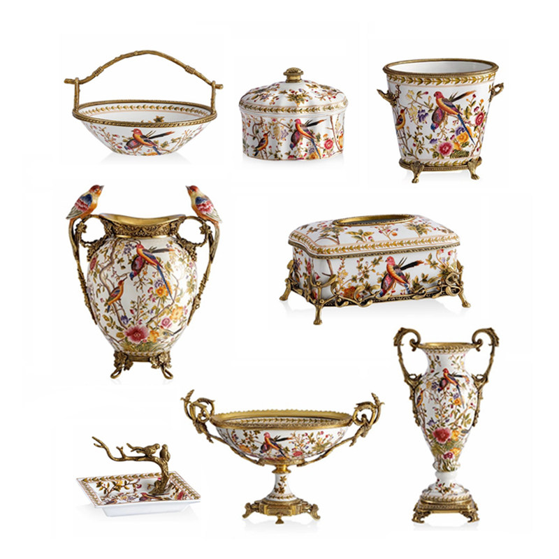 欧式手绘铜配瓷 法式花瓶装饰品 美式客厅果盘纸巾盒花盆烟灰缸碗