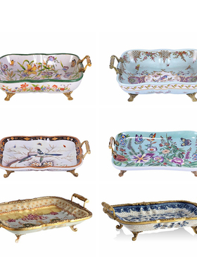 欧美法式古典奢华果盘别墅餐桌装饰碟铜配瓷收纳托盘玄关果盆摆件