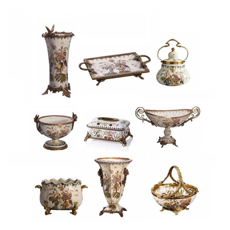 欧式手绘铜配瓷 法式家居装饰品 美式客厅果碗托盘花瓶花盆纸巾盒