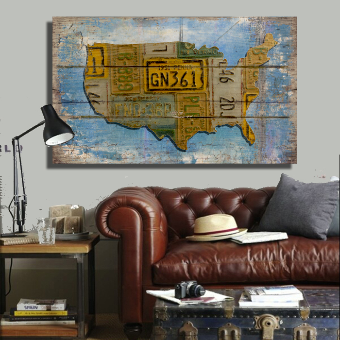 复古美国地图木板画创意做旧可定制美国地图木板画木质装饰画挂画