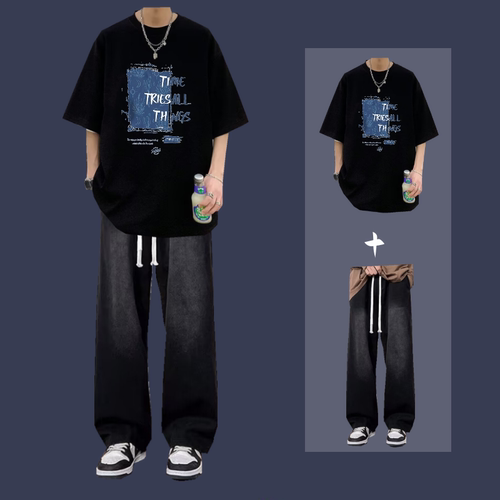 夏季美式高街短袖t恤套装男孩衣服一套搭配帅气潮宽松休闲两件套