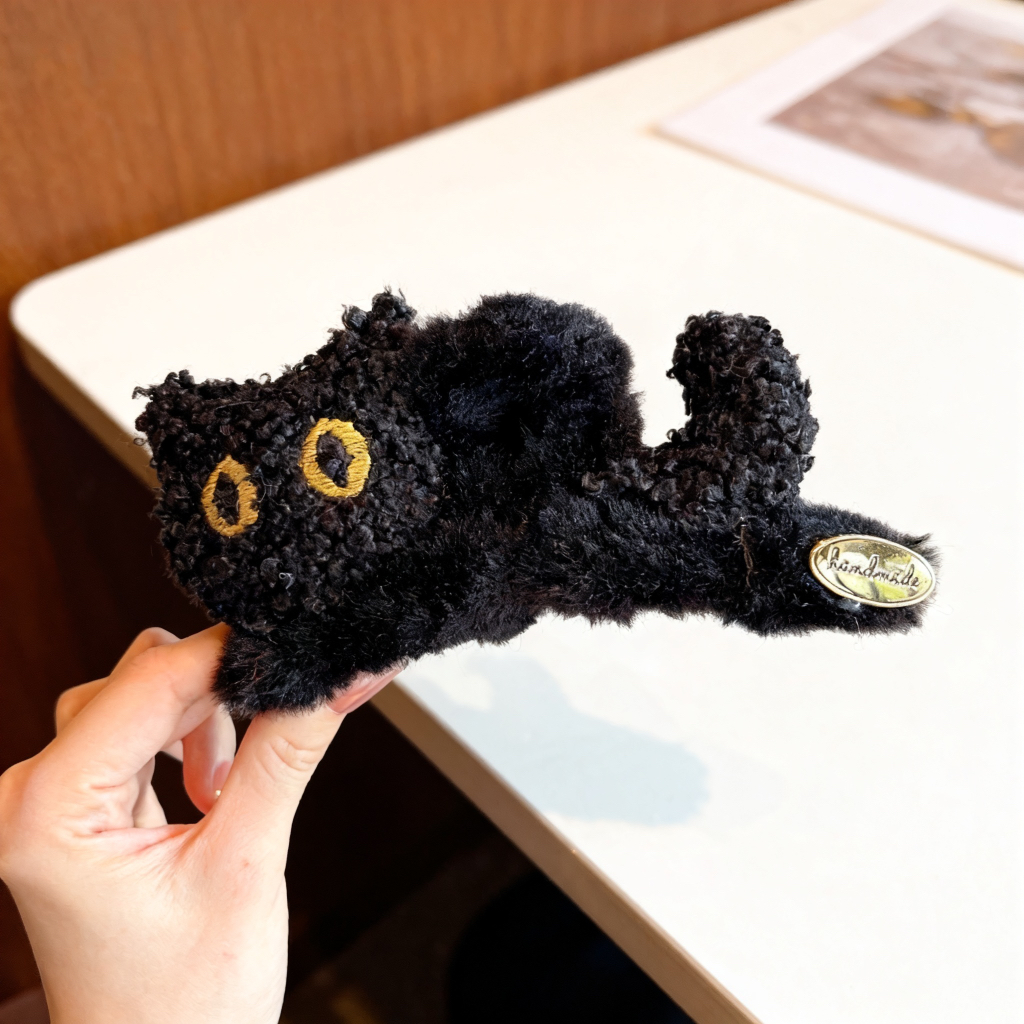 黑色毛绒可爱猫咪发卡女秋冬头饰高级感盘发休闲潮流抓夹