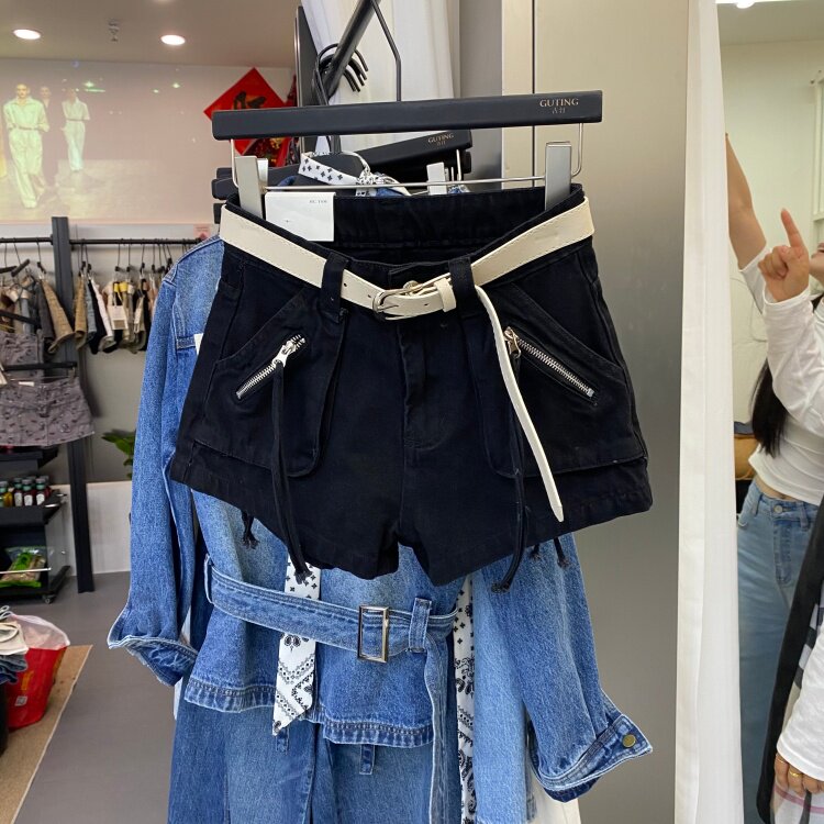 高级感黑色牛仔短裤女2026夏季新款高腰拉链设计A字阔腿辣妹热裤