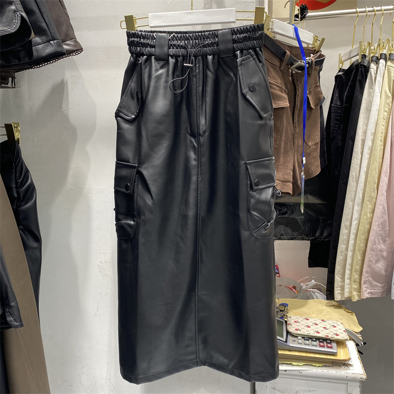 【特价清仓】PU皮半身裙女松紧腰抽绳后开叉显瘦直筒休闲裙长裙,女装/女士精品,半身裙,淘宝优惠券,粉丝福利购,淘宝优惠卷