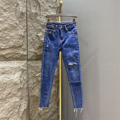 欧货2026春季 子 女蓝色高腰九分铅笔裤 新款 抓纹破洞休闲小脚牛仔裤