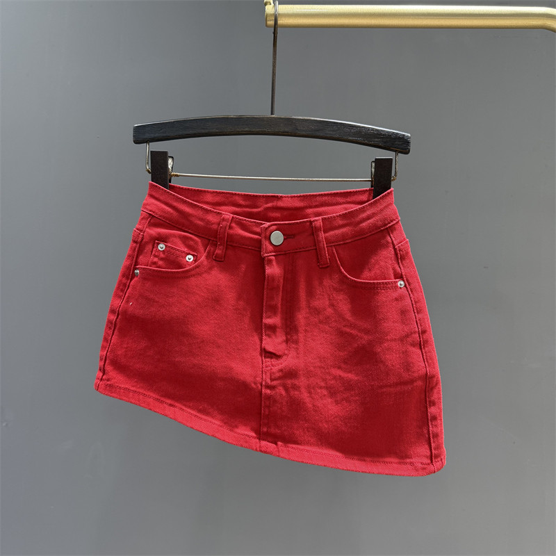 洋气大红色斜边设计半身牛仔裙女2026年夏季弹力a字显瘦修身短裙