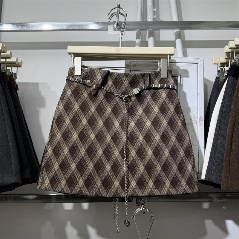 复古格纹小个子毛呢半身裙女2025秋冬款高腰辣妹高腰a字包臀短裙