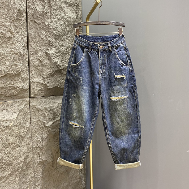 破洞时尚老爹牛仔裤女春季新款复古怀旧高腰宽松气质萝卜哈伦裤潮