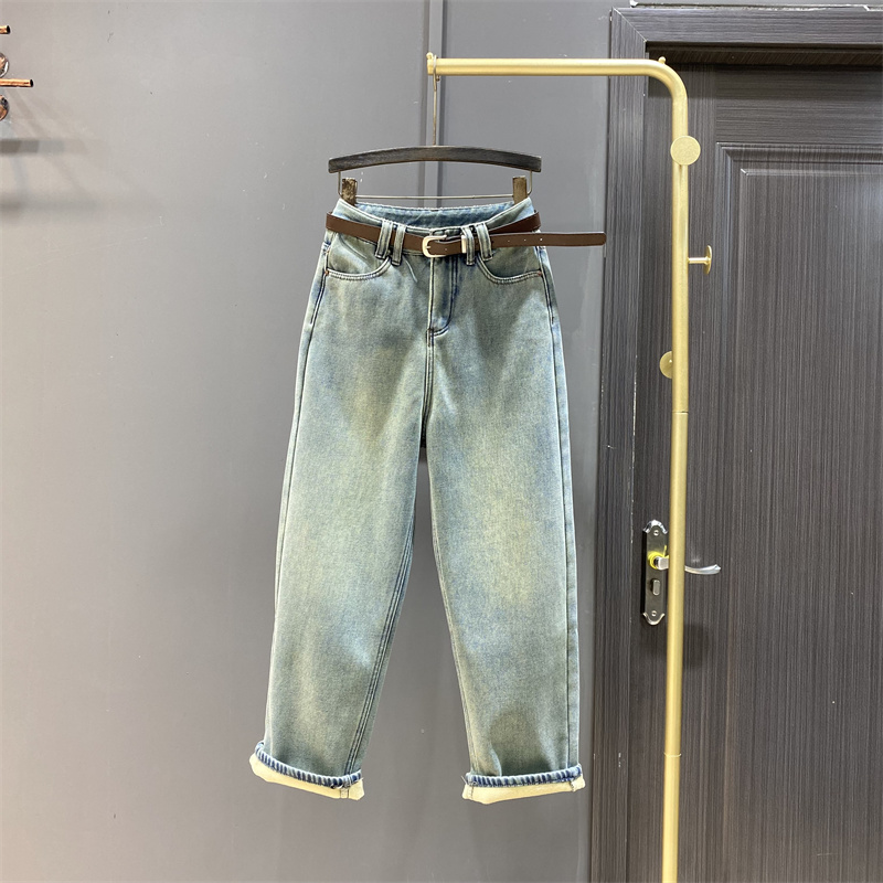 做旧高腰牛仔裤女冬季加绒阔腿裤