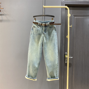 宽松长裤 复古做旧高腰牛仔裤 显瘦加厚直筒老爹裤 加绒阔腿裤 女冬季
