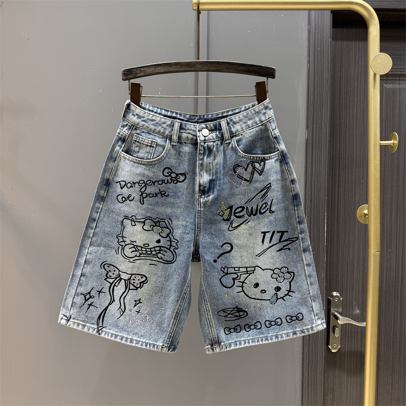 美式复古洋气涂鸦烫钻牛仔短裤女2026年夏季新款宽松直筒五分裤子,女装/女士精品,牛仔裤,淘宝优惠券,粉丝福利购,淘宝优惠卷