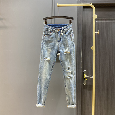 2026春夏新款欧货复古做旧破洞弹力紧身显瘦高腰小脚铅笔牛仔裤女